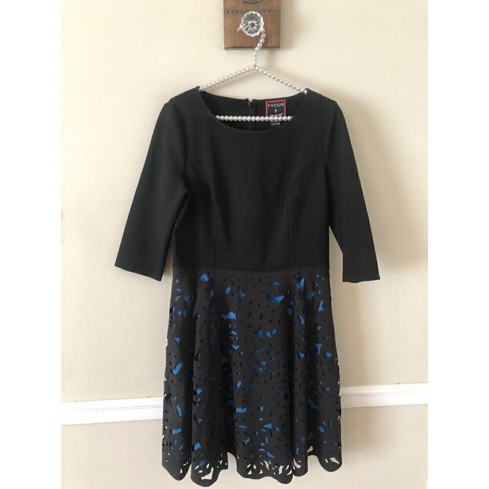 Focus by Shani Womens Size 8 Black Blue Laser Cut Ponte Fit & Flare Dress